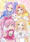  beamed_eighth_notes blonde_hair blue_choker blue_eyes bow brooch cat choker circlet cure_beat cure_melody cure_muse_(yellow) cure_rhythm earrings eighth_note green_eyes hair_bow heart houjou_hibiki hummy_(suite_precure) jewelry kurokawa_eren long_hair magical_girl midriff minamino_kanade mobuko_(akita_komachi) multiple_girls musical_note orange_hair pink_bow pink_choker pink_eyes pink_hair precure purple_hair seiren_(suite_precure) shirabe_ako side_ponytail smile suite_precure treble_clef twintails v white_choker wrist_cuffs yellow_bow yellow_choker yellow_eyes 