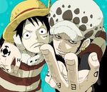  2boys black_hair blue_background color_background duo duplicate facial_hair goatee hat jacket male male_focus monkey_d_luffy multiple_boys one_piece punk_hazard scar straw_hat striped_clothes supernova tattoo trafalgar_law 