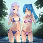  ahoge bikini blue_eyes blue_hair blush cameltoe kay_(utd) lavender_hair long_hair multiple_girls navel open_mouth original ponytail shiny shiny_skin skindentation smile swimsuit tree_shade wading water yellow_eyes 