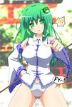  1girl blush breasts chikyuujin_a female green_eyes green_hair hair_ornament kochiya_sanae large_breasts long_hair no_pants open_mouth outdoors panties pointing solo standing touhou underwear 