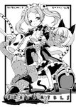  :&lt; animal_ears apron bare_shoulders belt bloody_marie_(skullgirls) bone breasts cat_ears cat_tail copyright_name dark_skin dress english fingerless_gloves footwear frown gloves grimace hair_ornament highres holding long_hair looking_down maid maid_apron maid_headdress midriff monochrome ms._fortune_(skullgirls) multiple_girls nadia_fortune nametake navel ribcage ribs severed_head simple_background skull skull_hair_ornament skullgirls sleeveless socks standing sweat tail title_drop twintails underboob vacuum vacuum_cleaner white_background white_hair wince 