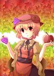  aki_minoriko apple bad_id bad_pixiv_id blonde_hair choker dress food fruit grapes hat hori_daikon leaf red_eyes short_hair solo touhou 