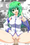  1boy 1girl angry bottomless breasts chikyuujin_a cunnilingus green_eyes green_hair hair_ornament kochiya_sanae large_breasts long_hair no_panties no_pants open_mouth oral outdoors penis pointing pubic_hair sex sitting spread_legs touhou uncensored vaginal 