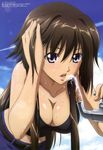  absurdres adjusting_hair belt bent_over breasts brown_hair cleavage cloud day drinking drinking_fountain hanging_breasts highres itou_katsunobu large_breasts long_hair looking_at_viewer megami muvluv muvluv_alternative muvluv_total_eclipse navel no_bra official_art open_mouth purple_eyes sexually_suggestive sky solo takamura_yui 