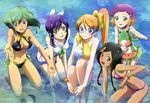  absurdres aquarion_(series) aquarion_evol barefoot bikini black_hair blue_eyes bow breasts brown_eyes chiba_yuriko cleavage flat_chest glasses green_eyes green_hair hair_bow hair_ornament hairclip highres legs looking_at_viewer mikono_suzushiro mix_(aquarion) multicolored_hair multiple_girls navel non-web_source nyantype official_art open_mouth orange_hair ponytail purple_hair sazanka_bianca scan short_hair smile swimsuit twintails water yunoha_thrul zessica_wong 