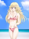  beach bikini blonde_hair blue_eyes breasts cleavage cloud day earrings highres jewelry light_smile long_hair mario_(series) medium_breasts navel outdoors princess_peach sky solo super_mario_bros. swimsuit tamamon 