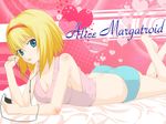  alice_margatroid bare_shoulders barefoot blonde_hair blue_eyes breasts bug_(artist) character_name cleavage digital_media_player hairband headphones heart lying medium_breasts on_bed on_stomach solo touhou underwear 