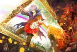  2girls blonde_hair blue_eyes blue_flower blue_rose book brown_hair com_kom fish flower garry_(ib) hair_over_one_eye holding_hands ib ib_(ib) lady_in_red_(ib) long_hair mary_(ib) multiple_girls painting_(object) purple_hair rainbow red_eyes red_flower red_rose rose skirt smile tears yellow_flower yellow_rose 