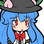  blue_hair blush bow eruru_(erl) food fruit hat highres hinanawi_tenshi leaf long_hair open_mouth peach red_eyes short_sleeves simple_background solo touhou very_long_hair 