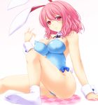  animal_ears bare_legs blue_leotard bunny_ears bunny_tail bunnysuit checkered checkered_floor detached_collar leotard pink_hair red_eyes reg_(artist) ribbon saigyouji_yuyuko short_hair socks solo tail touhou wrist_cuffs 