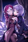 2girls bed belt blue_eyes blush breasts glasses heterochromia indoors iri_flina lowres multiple_girls night open_mouth red_eyes red_hair short_hair silver_hair sitting skirt thighhighs tongue tongue_out vernika vernika_answer white_hair 