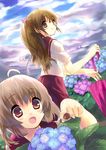  ahoge brown_hair cloud flower hydrangea multiple_girls original school_uniform snail tokira_nozumi umbrella 