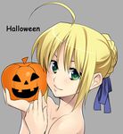  ahoge artoria_pendragon_(all) azu blonde_hair fate/stay_night fate_(series) green_eyes hair_ribbon halloween jack-o'-lantern pumpkin ribbon saber solo 