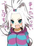  animal_ear_fluff animal_ears blue_eyes blush cat_ears cat_tail fang freckles homika_(pokemon) kemonomimi_mode long_sleeves mofuaki open_mouth pokemon pokemon_(game) pokemon_bw2 short_hair sleeves_past_wrists solo tail topknot translated white_background white_hair 