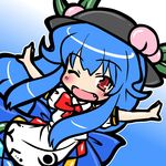  blue_hair blush bow eruru_(erl) fang food fruit hat hinanawi_tenshi leaf long_hair one_eye_closed open_mouth outstretched_arms peach red_eyes short_sleeves solo stretch touhou very_long_hair 