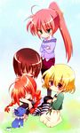  4girls blonde_hair blush braid brown_hair closed_eyes family green_eyes hair_ornament hairclip long_hair lyrical_nanoha mahou_shoujo_lyrical_nanoha mahou_shoujo_lyrical_nanoha_a's multiple_girls nakatomo_maya pantyhose pink_hair ponytail purple_eyes red_hair ribbon shamal signum smile striped striped_legwear twin_braids vita x_hair_ornament yagami_hayate zafira 