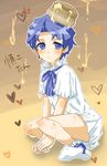  bisuke-tan bisuke-tan_(cosplay) blue_eyes blue_hair blush cosplay crossdressing dress fate/stay_night fate_(series) food food_on_head full_body heart honey kfc male_focus matou_shinji meetee object_on_head otoko_no_ko ribbon socks solo wavy_hair 