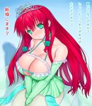  asamura_hiori bare_shoulders blush braid breasts cleavage dress elbow_gloves flower from_above gloves green_eyes hair_ornament highres hong_meiling huge_breasts long_hair red_hair rose solo tiara touhou translated twin_braids very_long_hair 