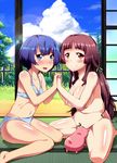  ano_natsu_de_matteru blue_eyes blue_hair blush bon_(moegomi) bra breasts covering covering_crotch hands_clasped kitahara_mio large_breasts long_hair long_legs multiple_girls navel nipples nudist open_mouth own_hands_together panties red_hair short_hair small_breasts smile tanigawa_kanna underwear underwear_only 