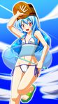  alternate_headwear aqua_hair bikini blue_hair blush bucket collarbone contemporary flat_chest flyswatter highres hinanawi_tenshi honda_takaharu lid long_hair multicolored_hair navel open_mouth red_eyes side-tie_bikini sky solo swimsuit touhou two-tone_hair very_long_hair 