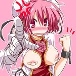  anger_vein bandaid bandaids_on_nipples between_breasts blush breasts breasts_outside bun_cover clothes_between_breasts covered_nipples double_bun embarrassed fang hemogurobin_a1c ibaraki_kasen large_breasts nipples pasties pink_background pink_hair pointing rectangular_mouth short_hair simple_background solo tabard touhou upper_body 
