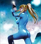  ass blonde_hair bodysuit breasts gun lb long_hair medium_breasts metroid ponytail samus_aran skin_tight solo weapon zero_suit 