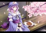  cherry_blossoms cup dango food hat highres holding letterboxed nue0192 petals pink_eyes pink_hair saigyouji_yuyuko sitting smile solo touhou wagashi 
