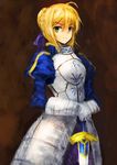  ahoge armor armored_dress artoria_pendragon_(all) bad_id bad_pixiv_id blonde_hair cowboy_shot excalibur fate/stay_night fate_(series) faulds gauntlets green_eyes hair_ribbon hands_on_hilt highres hone_(sss-sig) puffy_sleeves ribbon saber solo sword weapon 