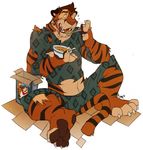  bowl box breakfast cereal clothing feline kuma male mammal pajamas pants shirt striped stripes tiger torn_clothing transformation 