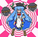  blue_hair blush bow cross-laced_footwear eruru_(erl) fang food frills fruit hat hinanawi_tenshi keystone leaf long_hair long_skirt open_mouth peach red_eyes rock rope short_sleeves skirt solo touhou very_long_hair 