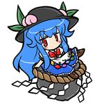  blue_hair blush bow cross-laced_footwear eruru_(erl) food fruit hat highres hinanawi_tenshi keystone leaf long_hair long_skirt peach red_eyes rock rope short_sleeves simple_background sitting skirt solo touhou very_long_hair 