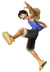  1boy 3d black_hair blue_vest denim denim_shorts full_body hat jump jumping male male_focus monkey_d_luffy official_art one_piece one_piece:_pirate_warriors sandals scar shorts simple_background smile solo stampede_string straw_hat vest white_background 