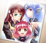  aqua_eyes blue_hair brown_hair glasses kos-mos m.o.m.o. multiple_girls negresco photo_(object) pink_hair red_eyes rimless_eyewear shion_uzuki xenosaga yellow_eyes 