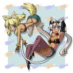  animal_ears aqua_eyes armpits arms_behind_head bad_id bad_pixiv_id beltbra bikini_top blonde_hair blue_eyes boots breasts cat_ears cat_tail chiki_(chikibw) choker crossover dark_skin denim denim_shorts elbow_gloves extra_ears eyewear_on_head fingerless_gloves fishnets gloves highres kaiten_muten-maru liru long_hair medium_breasts multiple_girls ponytail renkin_san-kyuu_magical_pokaan shamu_meruruusa shorts sunglasses tail thigh_boots thighhighs white_hair white_legwear wolf_ears wolf_girl wolf_tail 