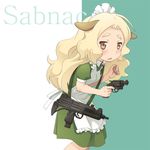  animal_ears blonde_hair blush brown_eyes character_name gun handgun holding holding_gun holding_weapon imi_uzi maid meow_(nekodenki) original parted_lips revolver solo submachine_gun trigger_discipline weapon 