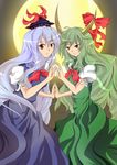  :o bad_apple!! bad_id bad_pixiv_id blue_dress blue_hair dress dual_persona ex-keine full_moon green_dress green_hair grey_background hat hat_ribbon holding_hands horn_ribbon horns kamishirasawa_keine kokuri long_hair looking_at_viewer moon multiple_girls red_eyes ribbon short_sleeves touhou very_long_hair 