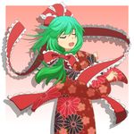  alternate_costume cato_(monocatienus) cherry_blossoms chrysanthemum closed_eyes floral_print flower front_ponytail gradient gradient_background green_hair japanese_clothes kagiyama_hina kimono long_hair open_mouth ribbon shadow solo touhou 
