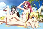  3girls ass bag blonde_hair blue_eyes blue_hair breasts cloud clouds da_capo feet food legs_up long_hair lying mizukoshi_moe multiple_girls nipples nude nude_filter open_mouth outdoors palm_tree palm_trees photoshop pink_hair purple_eyes sandals shirakawa_kotori sky smile tree yoshino_sakura 