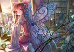  bad_id bad_pixiv_id bare_shoulders brown_hair bug building butterfly butterfly_net butterfly_wings detached_sleeves flower hair_flower hair_ornament hair_tubes hakurei_reimu hand_net highres insect kneeling long_hair looking_at_viewer plant potted_plant red_eyes sanntouhei solo touhou wings 