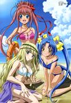  :d absurdres aqua_eyes arm_support bangs barefoot beach bikini blonde_hair blue_eyes blue_hair blue_sarong blunt_bangs blush body_blush bow bow_bikini breasts cleavage cloud day flower frilled_bikini frills front-tie_top hair_bow hair_flower hair_ornament hair_ribbon hairband hand_on_hip hand_on_thigh hands_on_thighs highres ichikawa_yoshiyuki innertube kashiwagi_noemi kneeling leaning_forward legs light_smile long_hair looking_at_viewer mashiro_erisu medium_breasts megami multiple_girls navel non-web_source ocean official_art on_ground open_mouth outdoors parted_bangs pink_hair ribbon sarong scan seashell shadow shell side-tie_bikini sideboob sidelocks sky smile star_plus_one strap_slip swimsuit twintails umikamome_kotone very_long_hair water yellow_eyes 