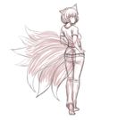  animal_ears ass barefoot butt_crack contemporary denim fox_ears fox_tail full_body highres jeans kuro_suto_sukii looking_back monochrome multiple_tails no_panties pants shirt short_hair simple_background solo tail touhou white_background yakumo_ran 
