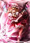  ascot blonde_hair flandre_scarlet hat hat_ribbon highres kool laevatein looking_at_viewer pink_eyes puffy_sleeves ribbon shirt short_hair short_sleeves skirt skirt_set solo touhou vest wings 