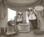  anthro apron birthday_cake cake clothing daughter dialogue duo emikochan female food mammal mother mother_and_daughter naked_apron parent standing ursine 