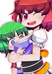  @_@ blush breast_smother breasts doku_corne green_hair hair_bobbles hair_ornament hug large_breasts long_sleeves multiple_girls obi onozuka_komachi open_mouth purple_eyes red_eyes red_hair sash shiki_eiki short_hair short_sleeves simple_background smile sweatdrop touhou two_side_up 