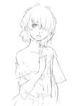  collarbone cowboy_shot greyscale hair_over_one_eye hand_on_own_chest head_tilt highres houden_eizou lineart looking_at_viewer monochrome nazo_no_kanojo_x off_shoulder saliva short_hair simple_background sketch solo standing urabe_mikoto white_background 