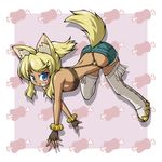  animal_ears bad_id bad_pixiv_id blonde_hair blue_eyes boots breasts chiki_(chikibw) dark_skin denim denim_shorts extra_ears fingerless_gloves gloves liru medium_breasts ponytail renkin_san-kyuu_magical_pokaan shorts solo tail thigh_boots thighhighs white_hair wolf_ears wolf_girl wolf_tail 