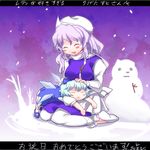  :&lt; blue_hair blush bow chamaruku child cirno closed_eyes dress hair_bow hand_on_another's_head hat lavender_hair letty_whiterock lying multiple_girls on_stomach open_mouth scarf short_hair sitting smile snowman sulking touhou wings 