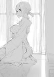  barefoot breasts chihayafuru curtains from_side greyscale highres houden_eizou huge_breasts indoors lineart long_sleeves looking_to_the_side monochrome ooe_kanade seiza short_twintails sidelocks sitting solo toes twintails window 