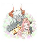  1boy 1girl alfa_system armor asras blush breasts choker durandal_(tales_of_innocence) eyes_closed flower green_eyes grey_skin highres horns inanna long_hair open_mouth pointy_ears red_hair sword tales_of_(series) tales_of_innocence very_long_hair weapon white_hair 