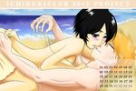  1boy 1girl beach black_hair bleach blush bra brown_eyes calendar ichiruki kitsune23star kuchiki_rukia kurosaki_ichigo looking_at_viewer lying lying_on_person ocean on_back open_mouth orange_hair outdoors parted_lips purple_eyes saliva short_hair tongue undressing water 